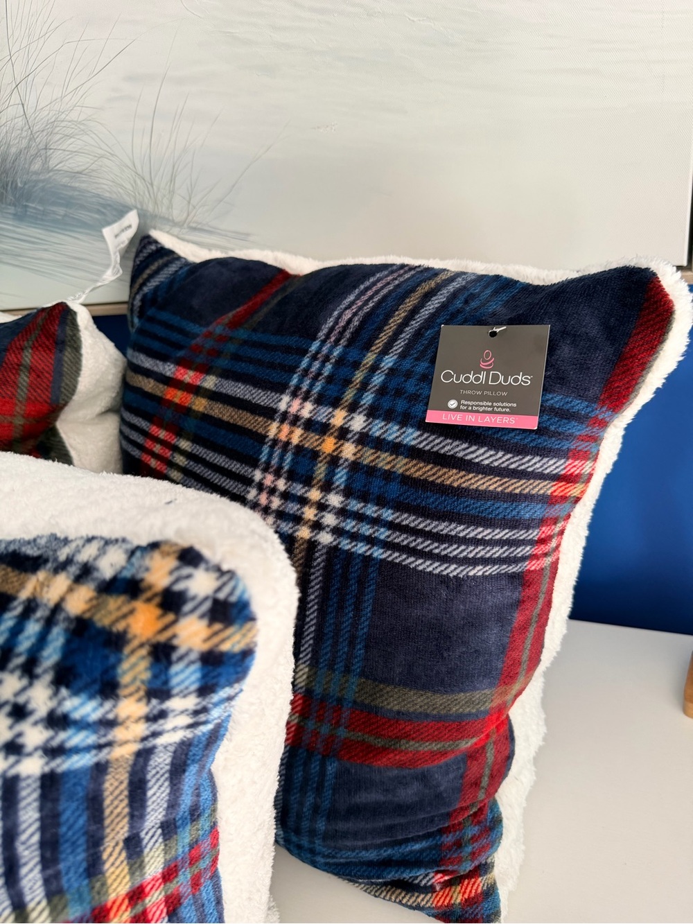 3 Cuddl Duds Plaid Print Plush Throw Pillow. 20”x20”. Multicolor. New with Tags - Picture 4 of 16